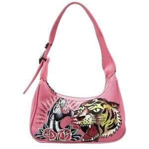 Ed Hardy x Siberia Hills Y2k Pink Tattoo Tiger Panther Print Hobo Bag Purse